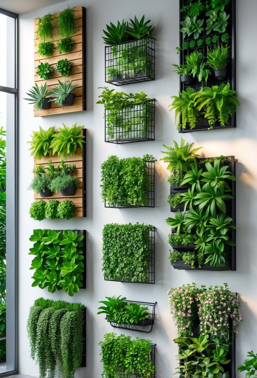 A bright indoor scene displaying ten different vertical garden walls with various green plants arranged on them.