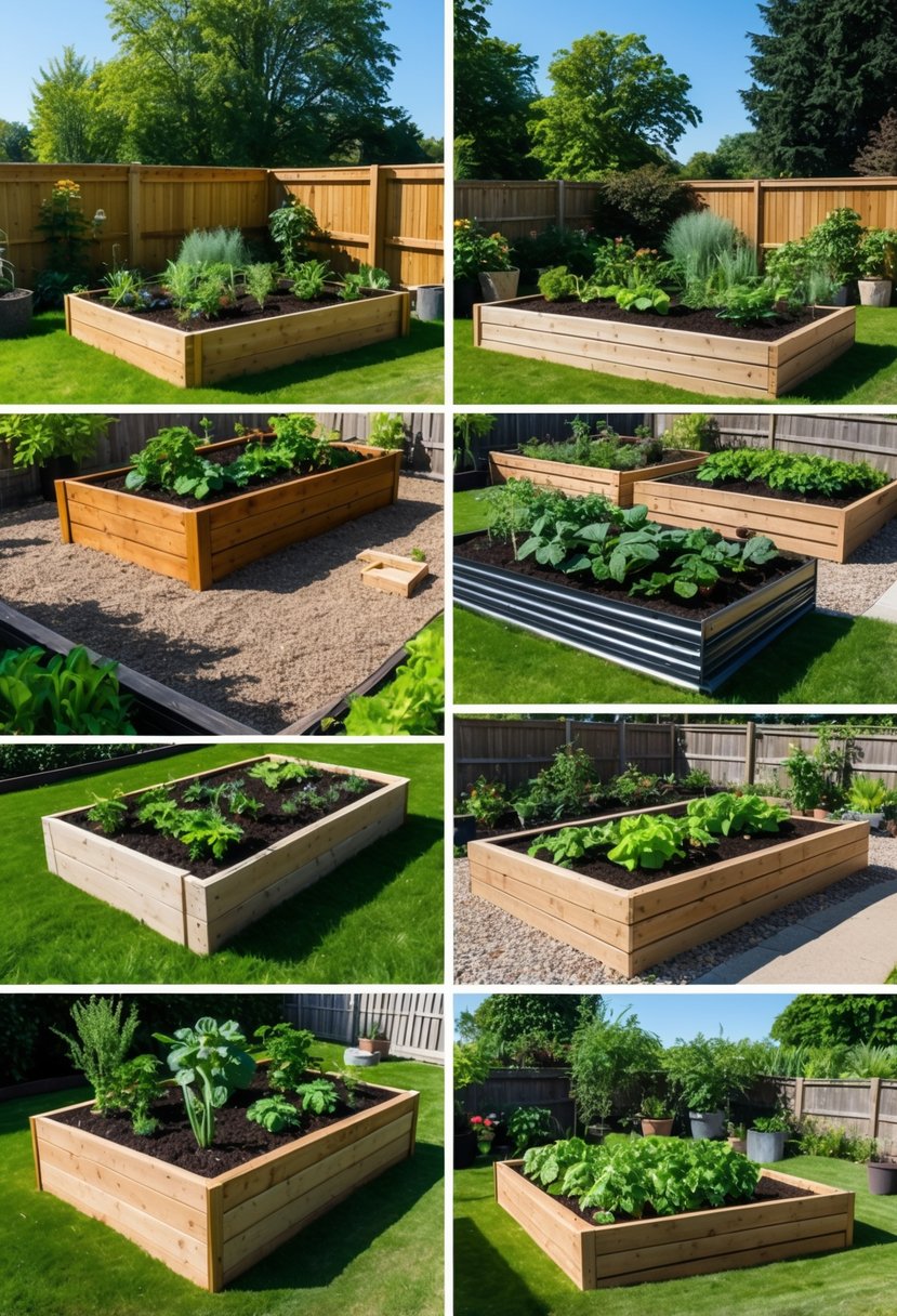 A backyard with ten different raised garden beds filled with soil and various plants, surrounded by grass and garden tools.