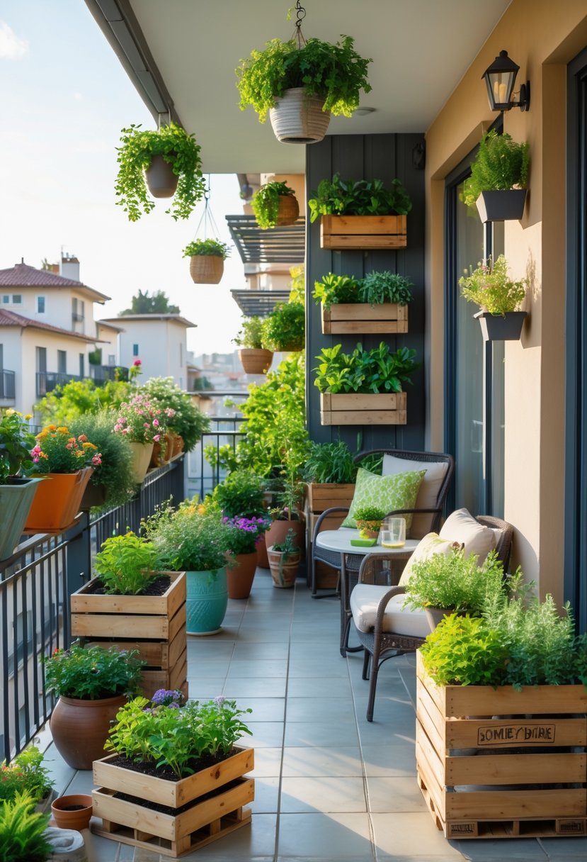 A balcony and patio area with ten different container gardens featuring various plants and flowers in pots, baskets, and crates.
