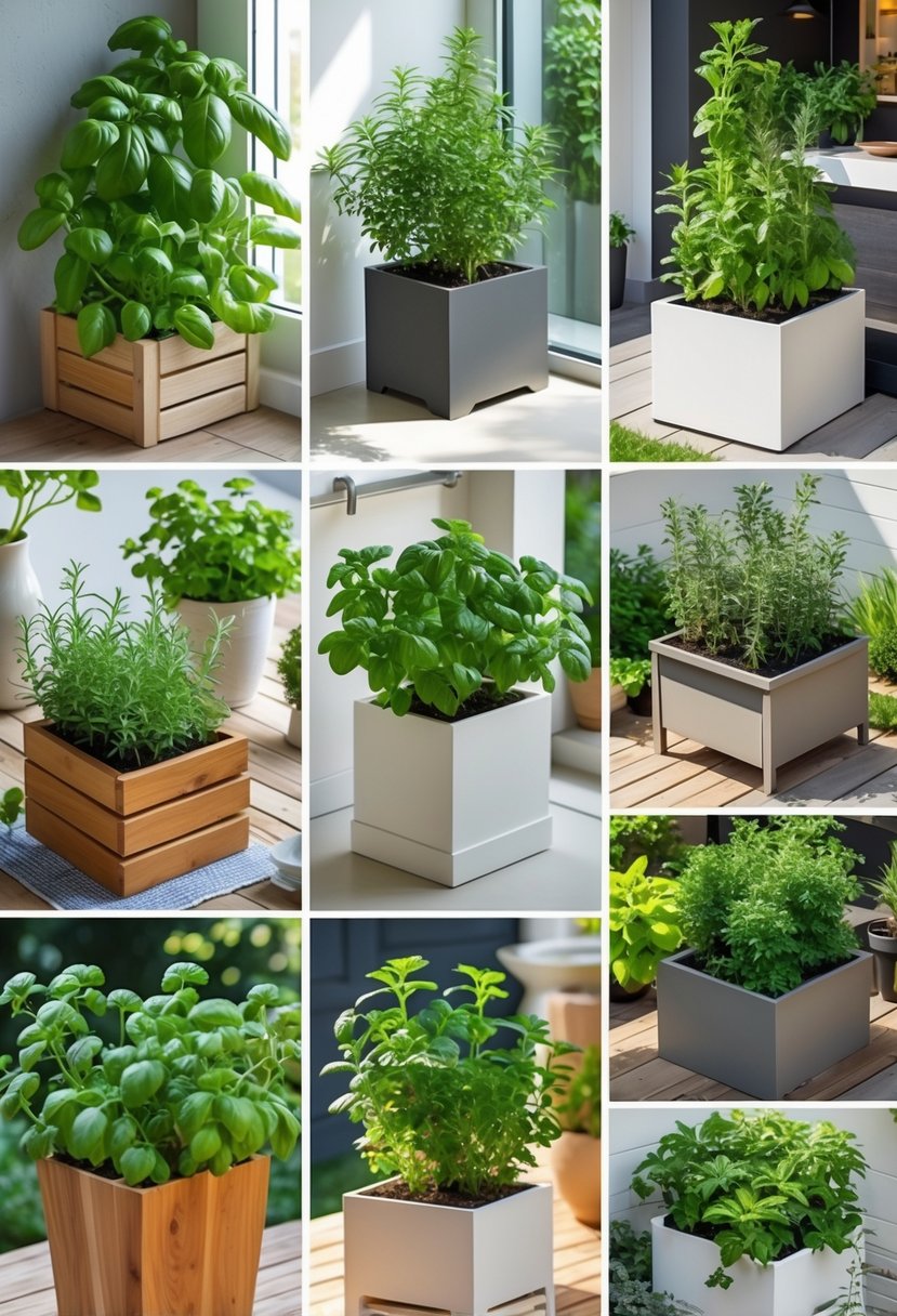 Ten different herb garden corners with various green herbs growing in pots and planters in a bright kitchen or patio setting.