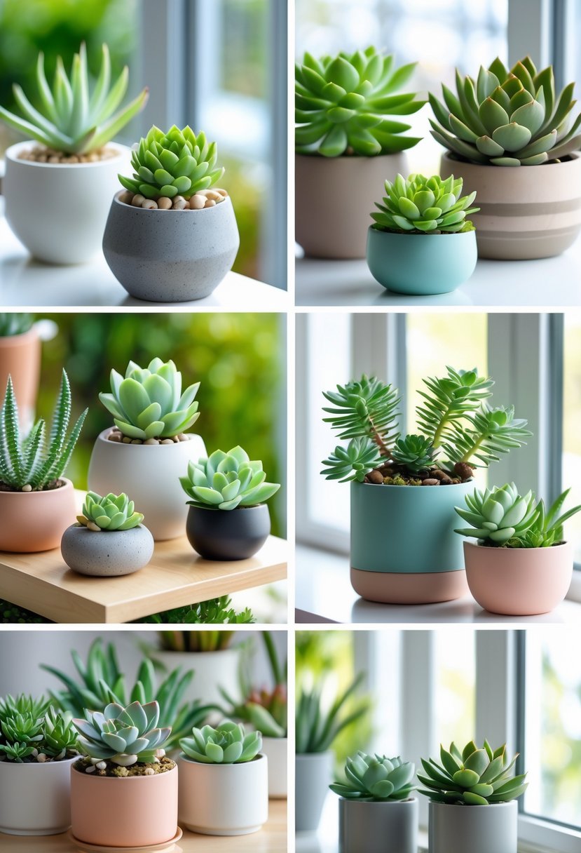 A collection of ten different succulent plant arrangements displayed indoors on shelves and tables with natural light.