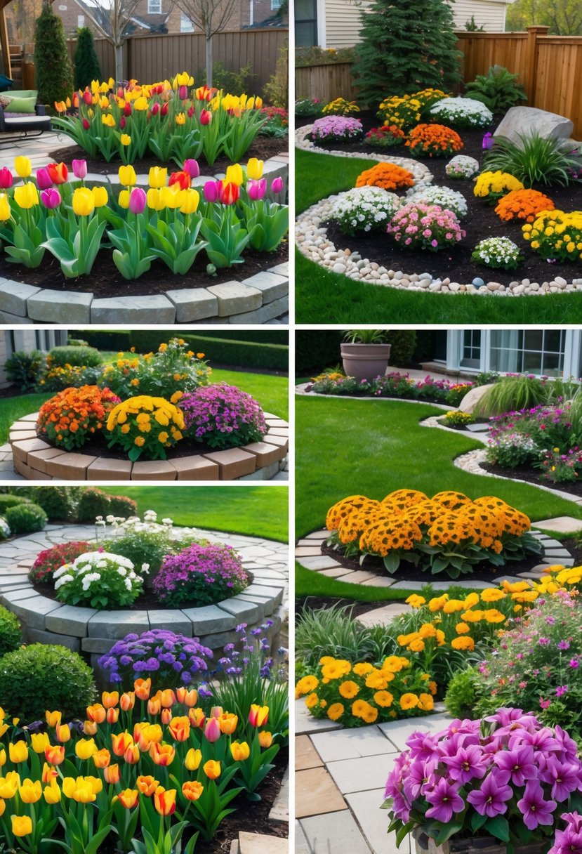 Ten different home garden flower beds filled with colorful seasonal flowers arranged in various patterns.