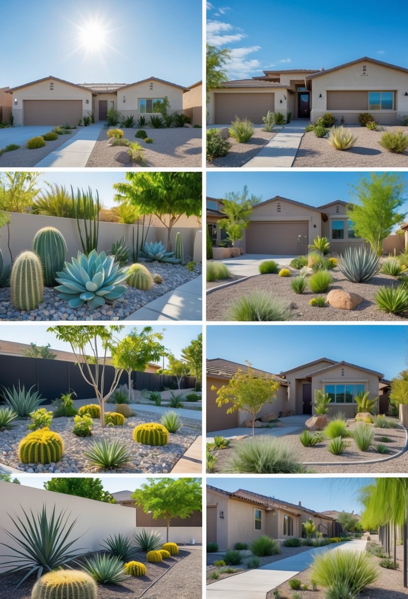 Ten different water-efficient home garden designs featuring drought-tolerant plants, rocks, and pathways in a residential outdoor setting.