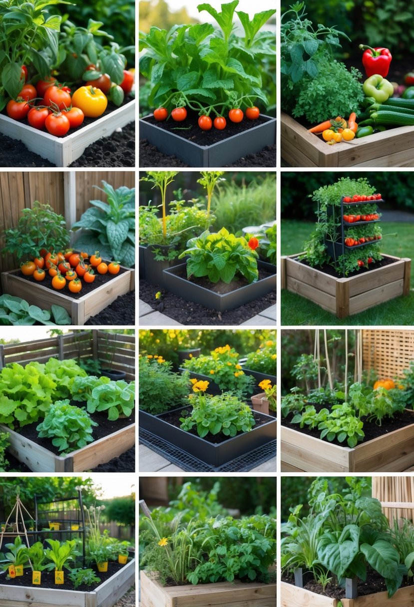 Ten different home garden patches filled with various vegetables and fruits growing in raised beds and containers.