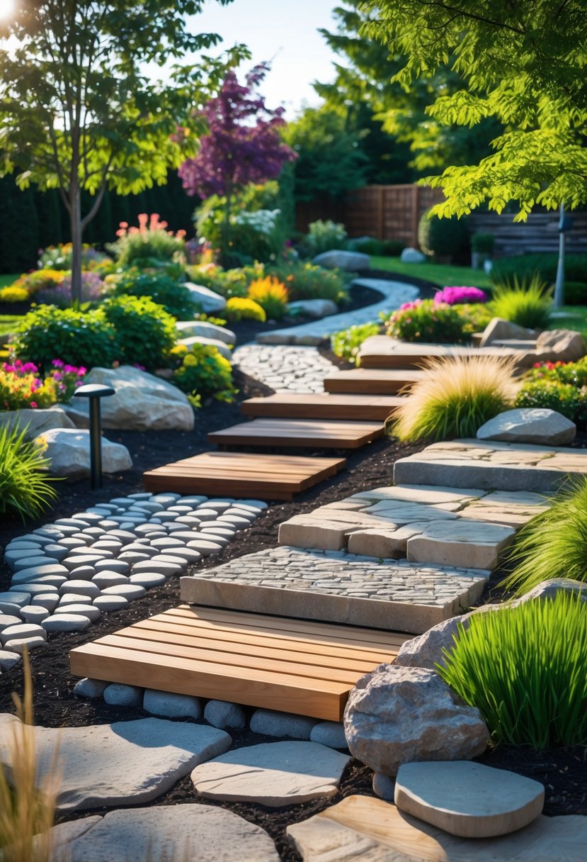 A variety of garden pathways made from natural stone and wood winding through green plants and flowers in a home garden.