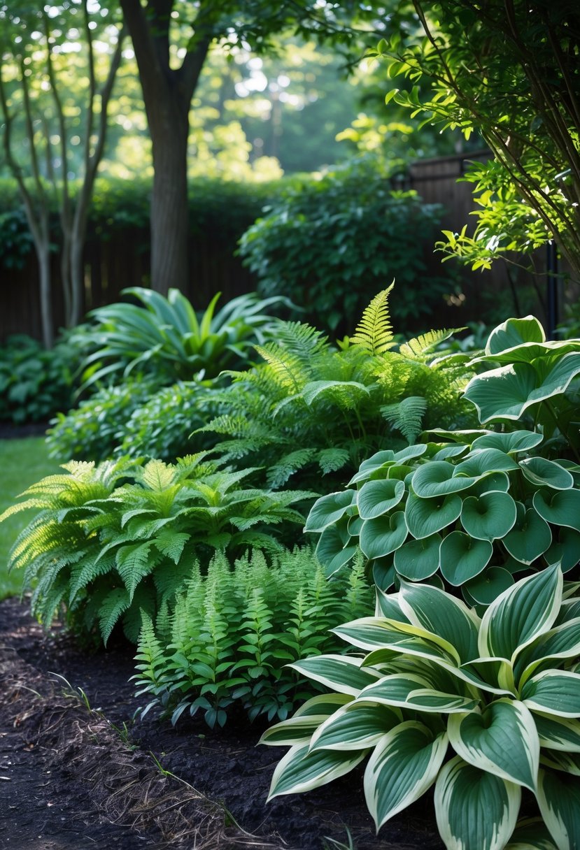 A shaded garden area with lush ferns and hosta plants arranged in a peaceful home garden setting.