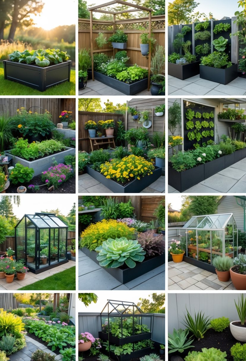 A collection of ten different home garden designs featuring various plants, containers, raised beds, and garden layouts in a bright outdoor setting.
