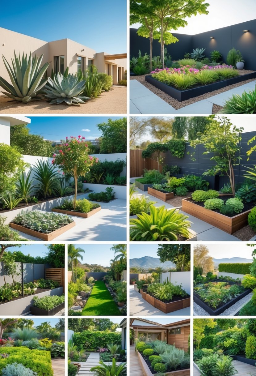 A garden divided into ten sections, each showing a different home gardening design adapted to various local climates with diverse plants and layouts.