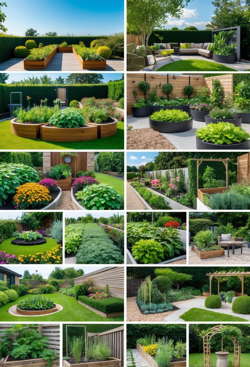 A variety of home garden designs including raised beds, vertical gardens, flower beds, herb spirals, container plants, hedges, a water feature, stone paths, trellises, and a seating area outdoors on a sunny day.