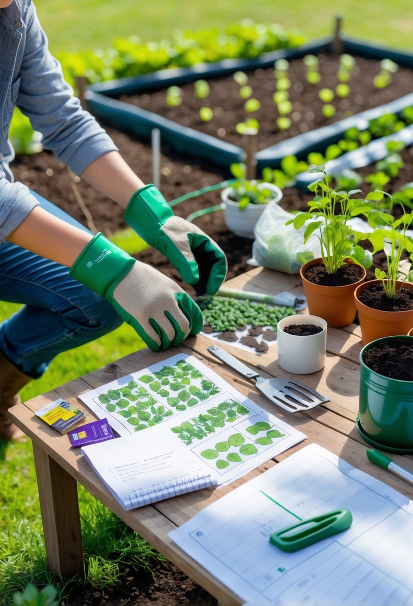 Person preparing a garden by arranging seed packets, tools, and garden plans on a wooden table outdoors with young plants and soil beds nearby.