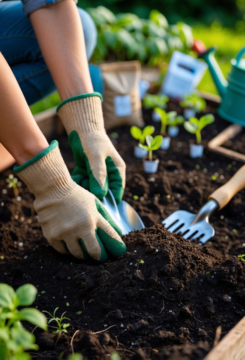 Hands wearing gloves preparing soil in a garden bed with gardening tools and young plants nearby.