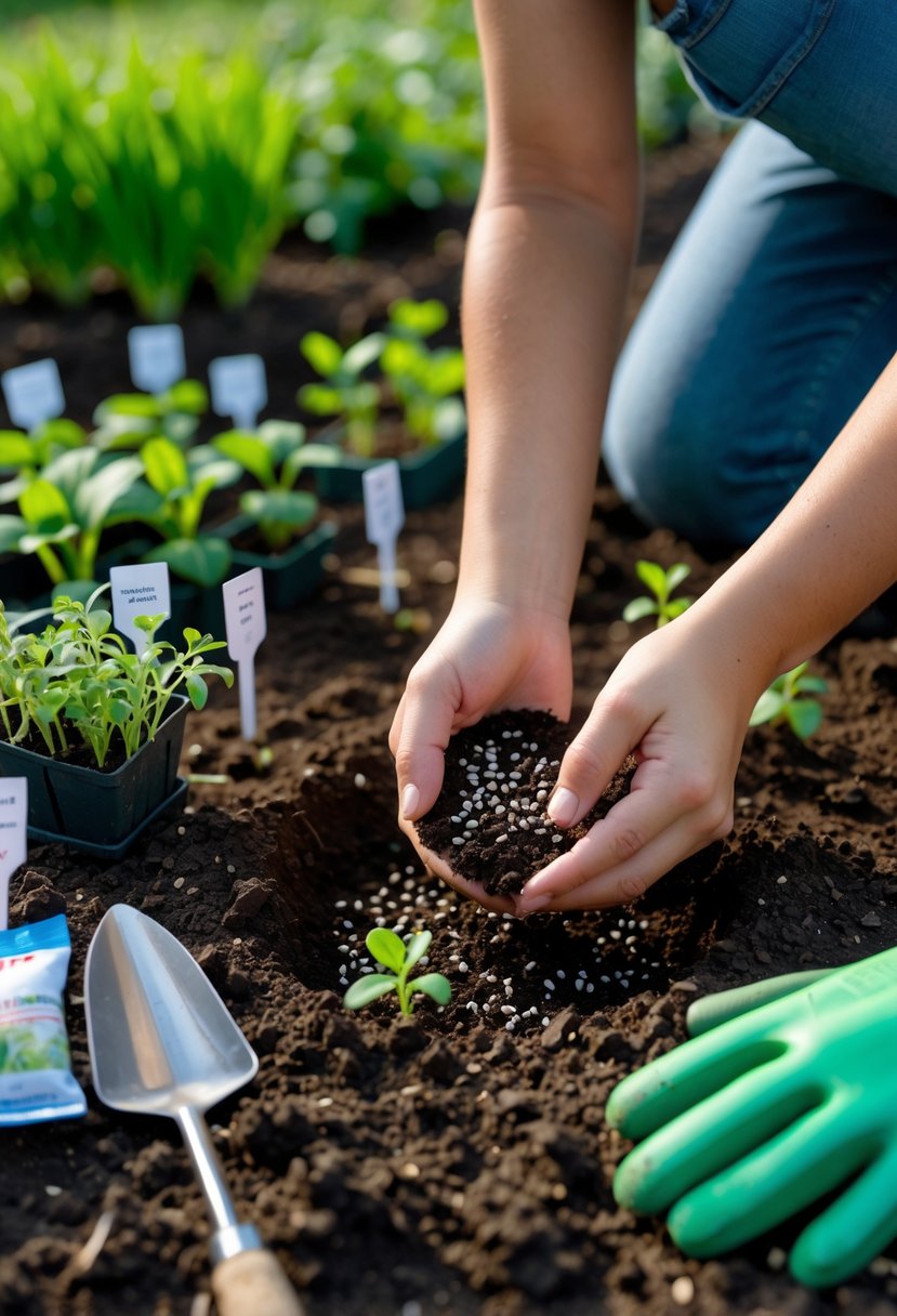 Hands sowing seeds into soil with gardening tools and young seedlings in a home garden.
