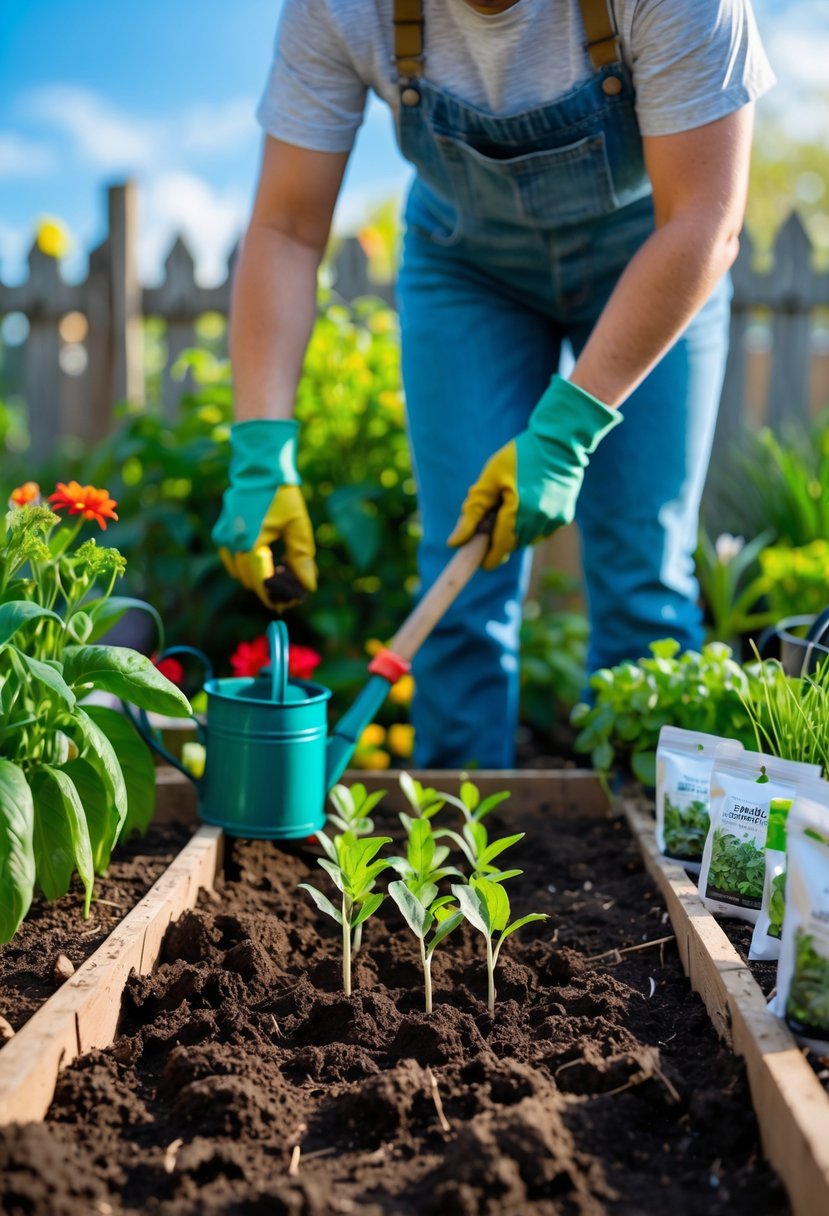 A person planting seedlings in a small garden bed surrounded by gardening tools and green plants under a clear sky.