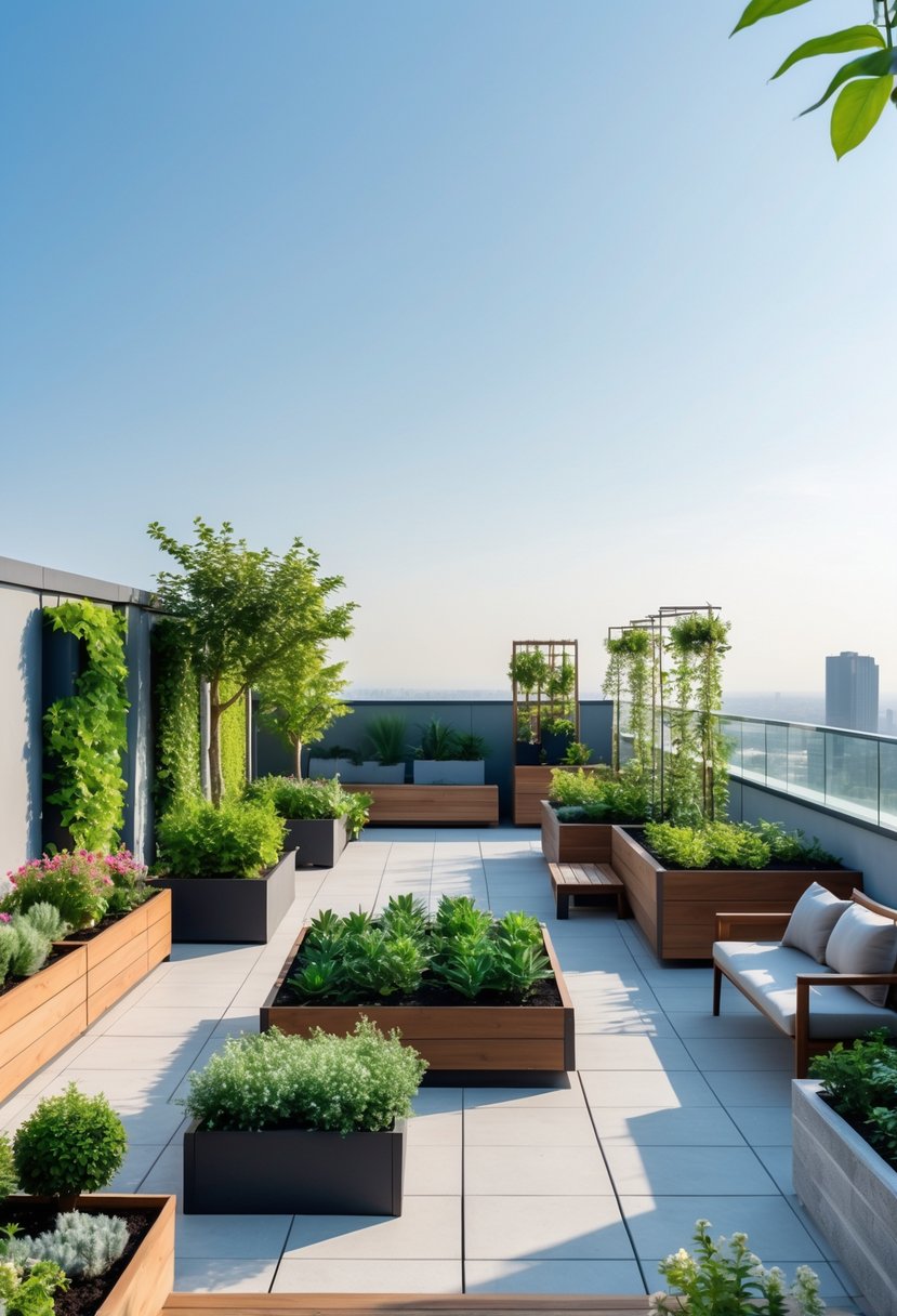 A rooftop terrace with seven different garden areas featuring various plants, flowers, and outdoor seating under a clear sky.