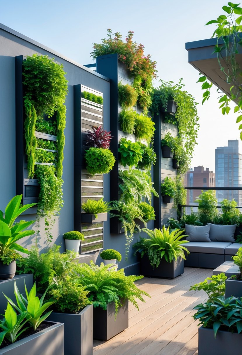 A terrace garden with vertical gardens on walls, filled with various green plants and flowers, wooden decking, and seating areas under natural sunlight.