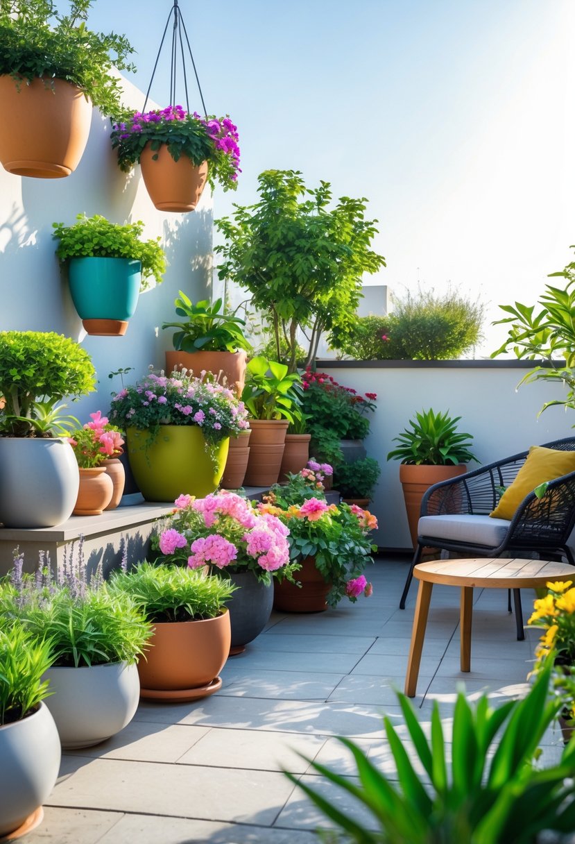 A terrace garden with colorful potted plants arranged around outdoor seating, showcasing various plant arrangements and greenery.