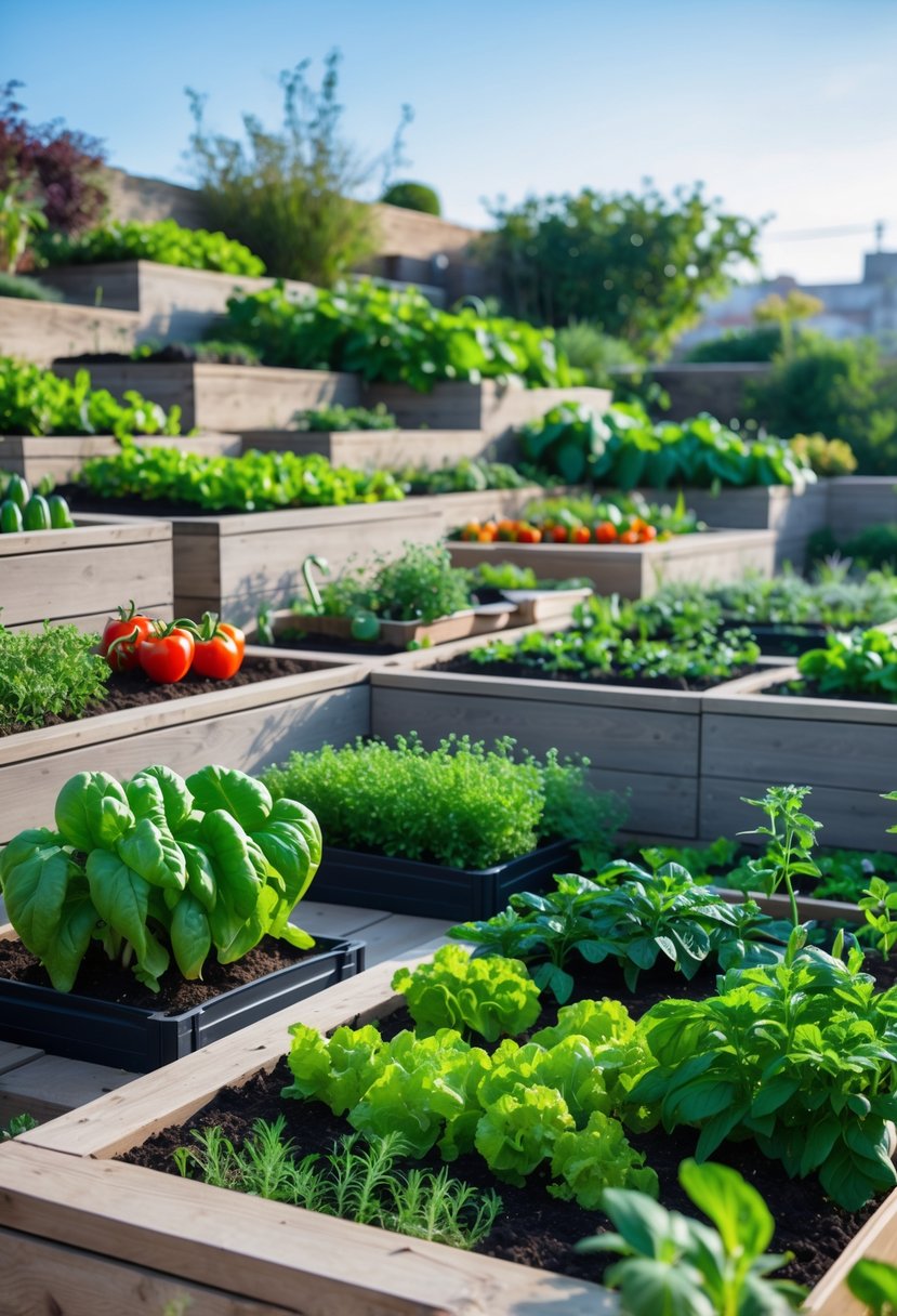Outdoor terrace garden with seven levels of raised beds growing various vegetables and herbs.