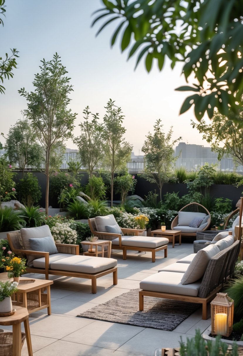 A terrace garden with seven different comfortable outdoor seating areas surrounded by plants and flowers.