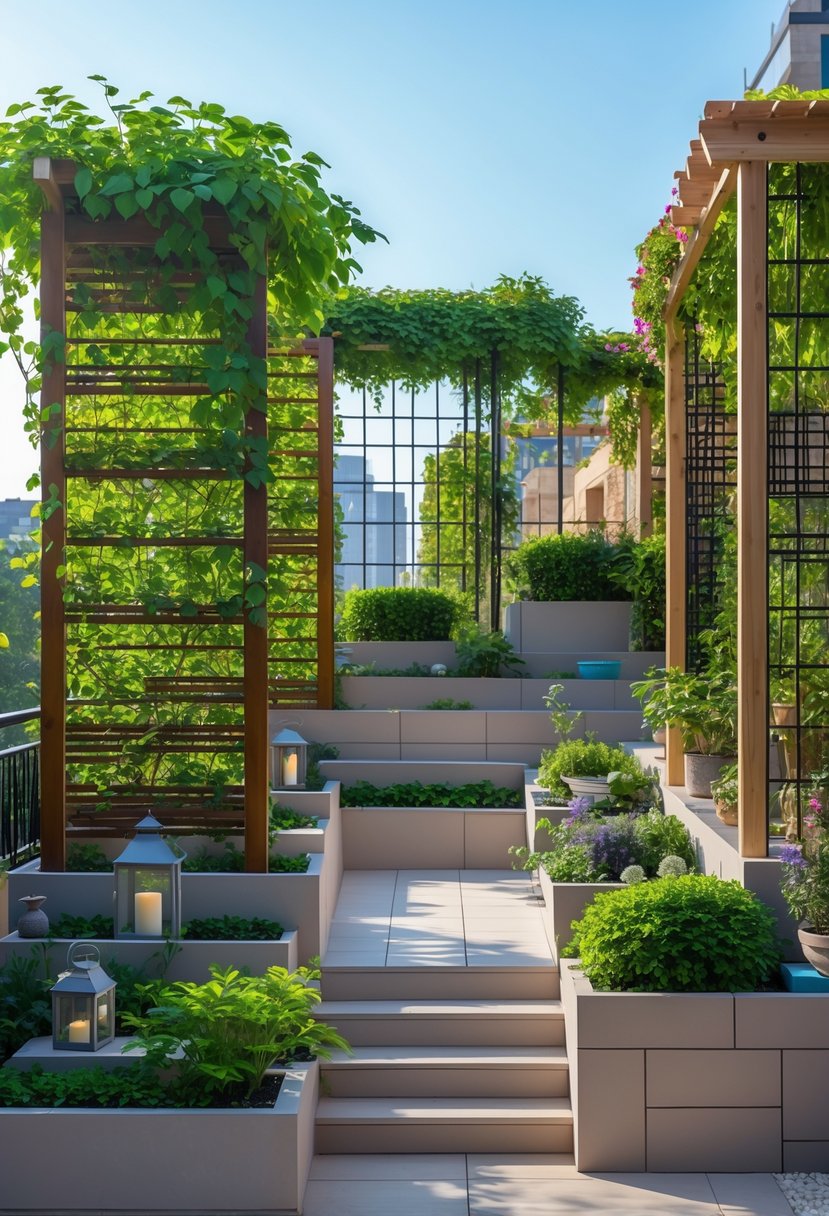 A terrace garden with seven different trellises supporting climbing plants, creating a green and private outdoor space with seating areas.