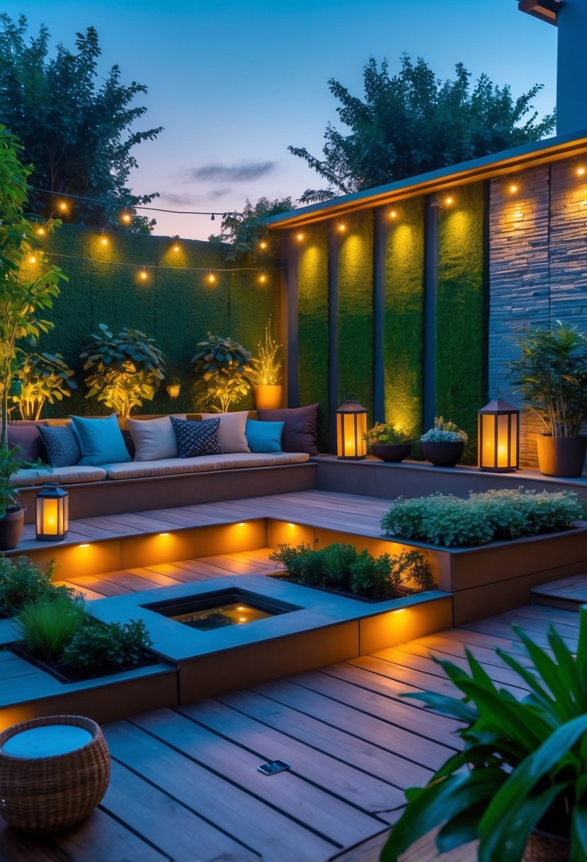 Terrace garden at dusk with ambient lighting, featuring plants, seating areas, lanterns, and decorative elements.