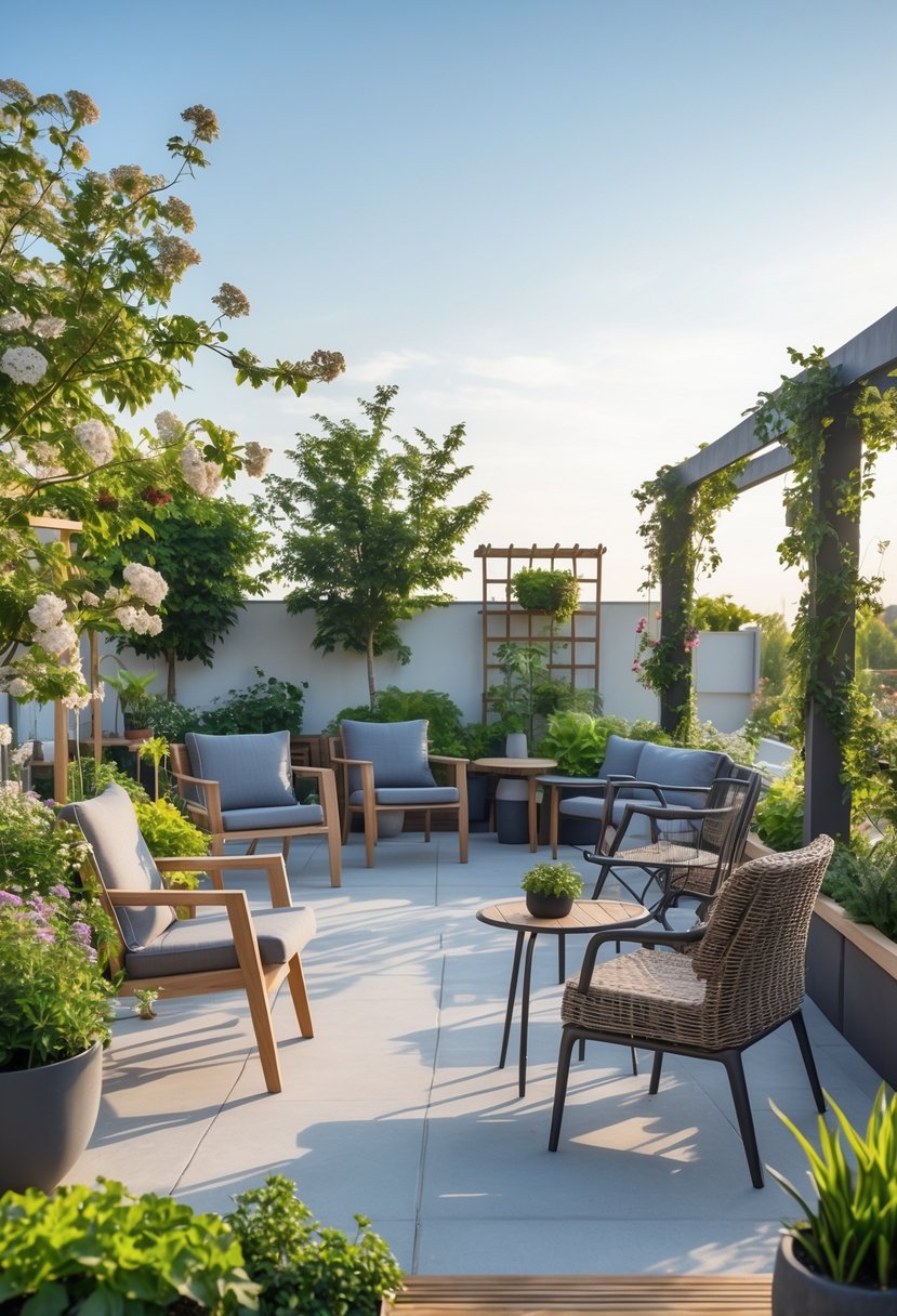 A terrace garden with durable outdoor furniture surrounded by green plants under a clear sky.