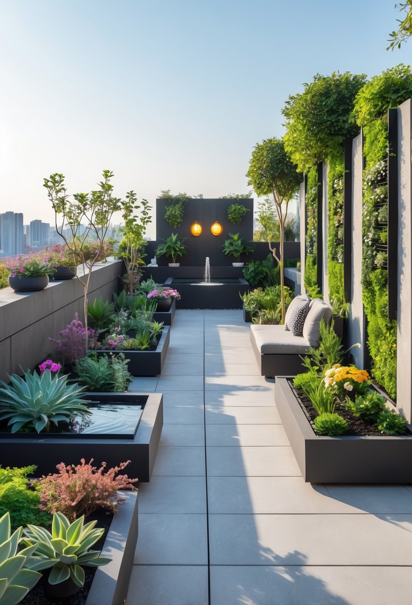 A terrace garden with various plants, seating areas, a water feature, and vertical greenery under natural daylight.