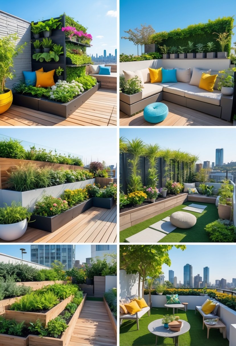 Seven different terrace gardens with plants, flowers, and outdoor furniture on rooftops under a clear sky.