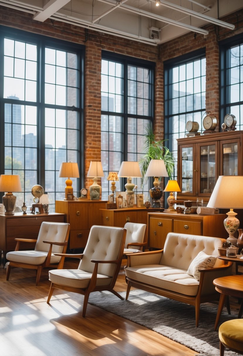 Interior of a vintage furniture store with wooden chairs, cabinets, and sofas arranged neatly under natural light.