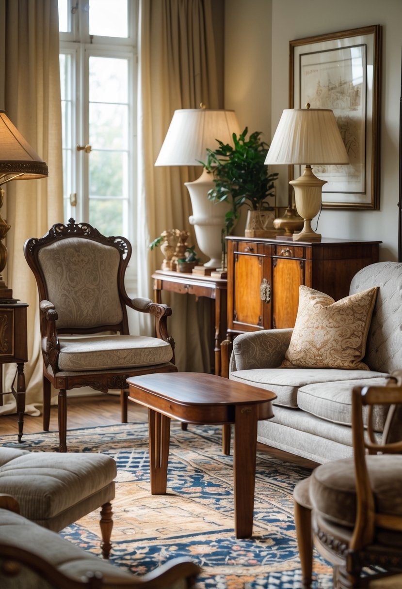 A cozy living room with various wooden and upholstered furniture pieces arranged near large windows with natural light.
