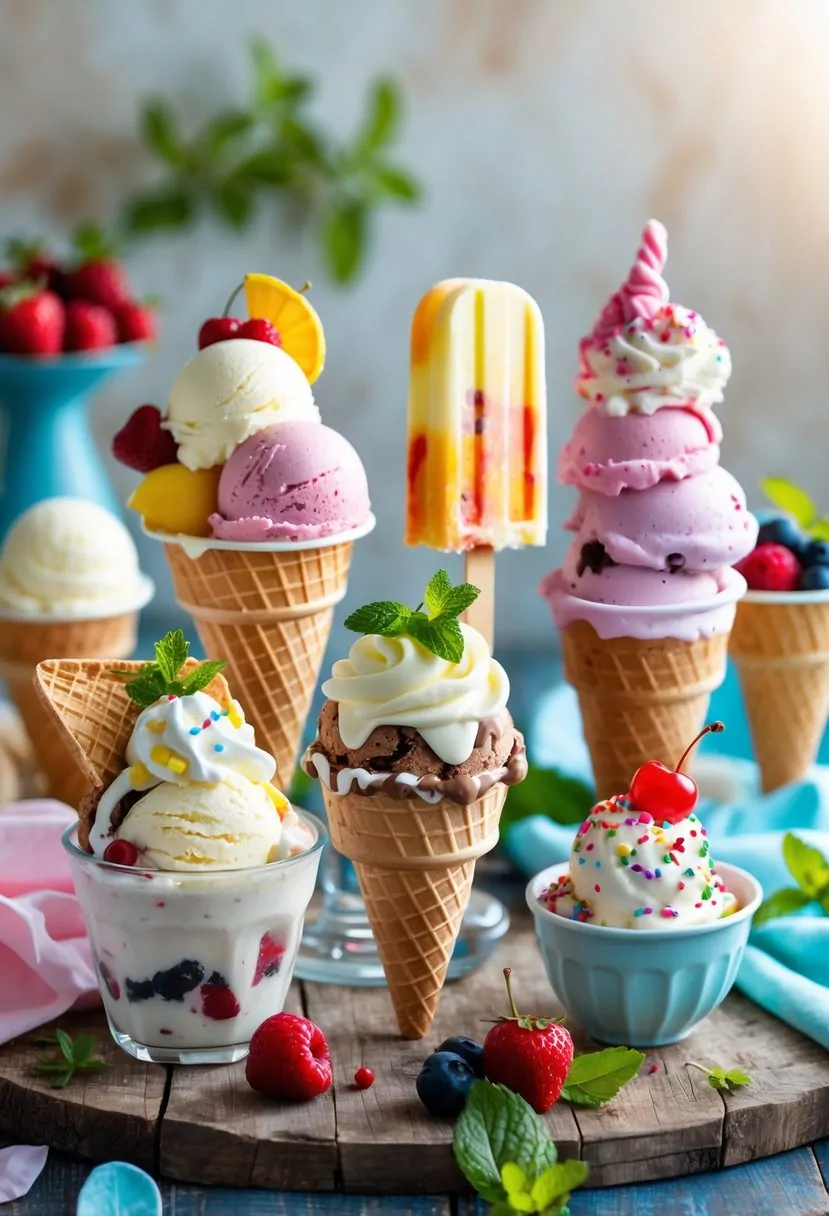 A table displaying seven different types of ice cream treats including cones, sundaes, popsicles, and milkshakes with various toppings and summer decorations.