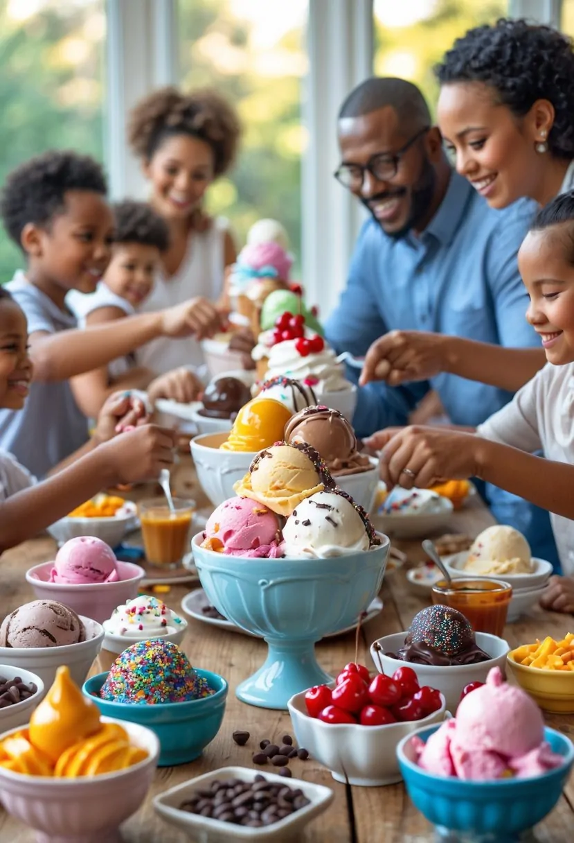 A family enjoying an ice cream sundae bar with various toppings on a table.