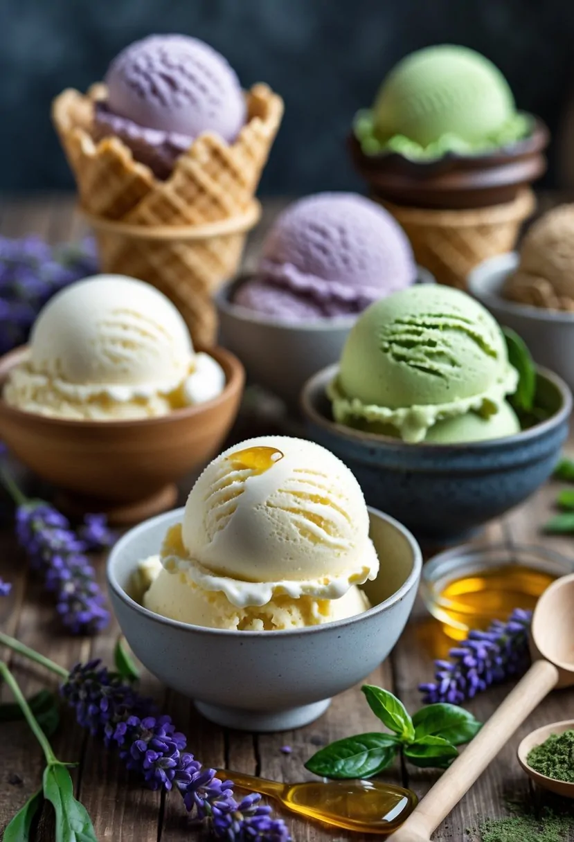 An assortment of ice cream scoops in bowls and cones with lavender, honey, and green tea ingredients on a wooden table.