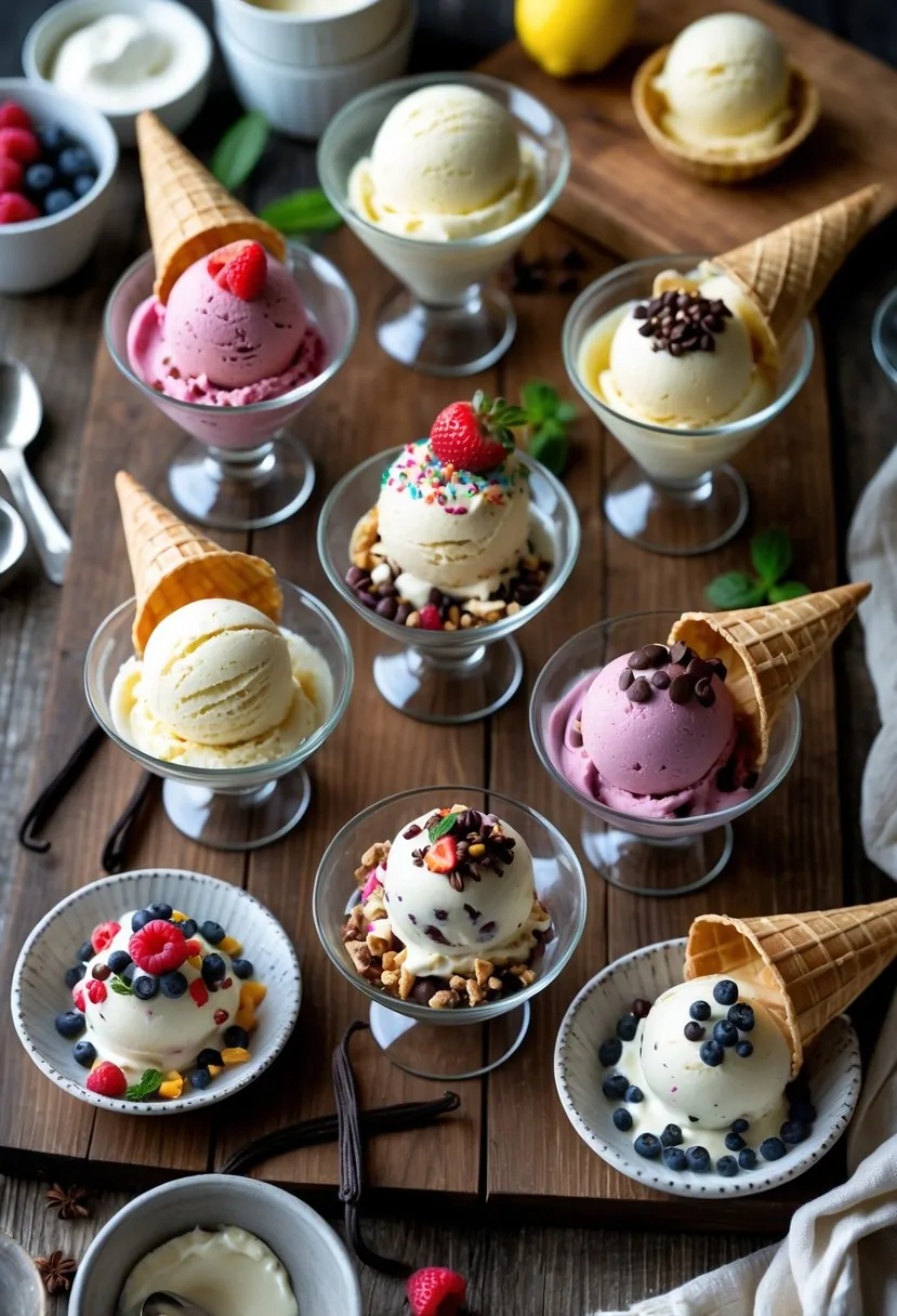 Seven bowls and cones of homemade no-churn ice cream with various toppings arranged on a wooden table in a kitchen setting.