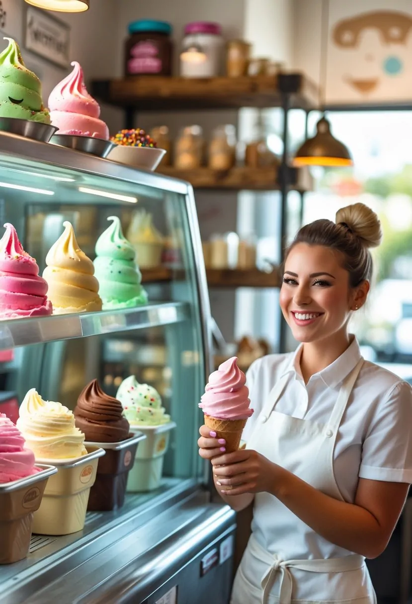 A friendly server hands a colorful ice cream cone to a smiling customer inside a bright artisanal ice cream shop.
