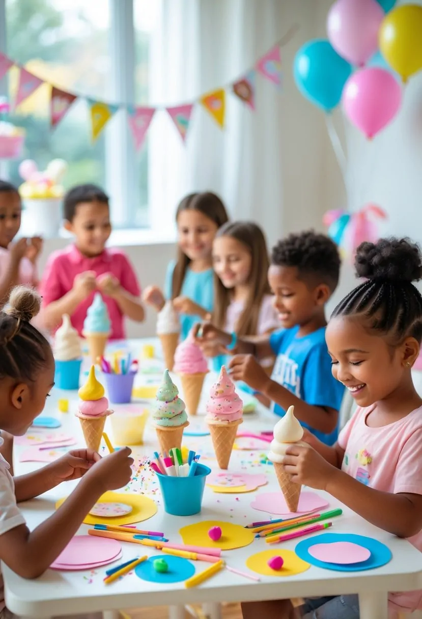 Children making ice cream-themed arts and crafts together at a table filled with colorful supplies.
