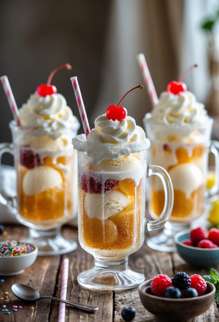 Close-up of ice cream floats with vanilla ice cream and soda in clear glasses on a wooden table, topped with whipped cream and cherries.