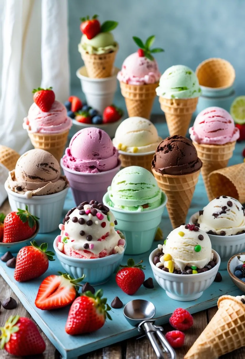 A table filled with various colorful ice cream cones and bowls with toppings, surrounded by fresh berries and waffle cones.