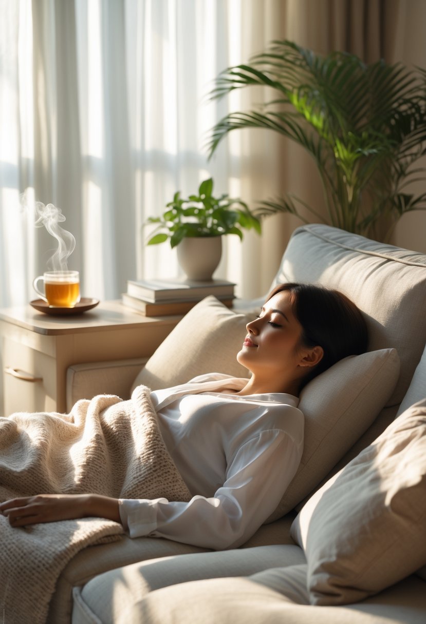 A person peacefully napping on a sofa in a sunlit living room surrounded by cozy and relaxing elements.