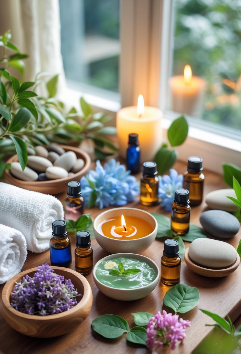 A home spa setup with essential oils, facemasks, towels, a lit candle, and herbal tea arranged on a wooden table in a softly lit room.