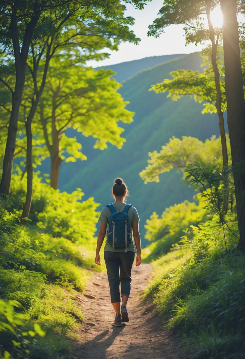 A person walking alone on a sunlit forest trail surrounded by green trees and plants.