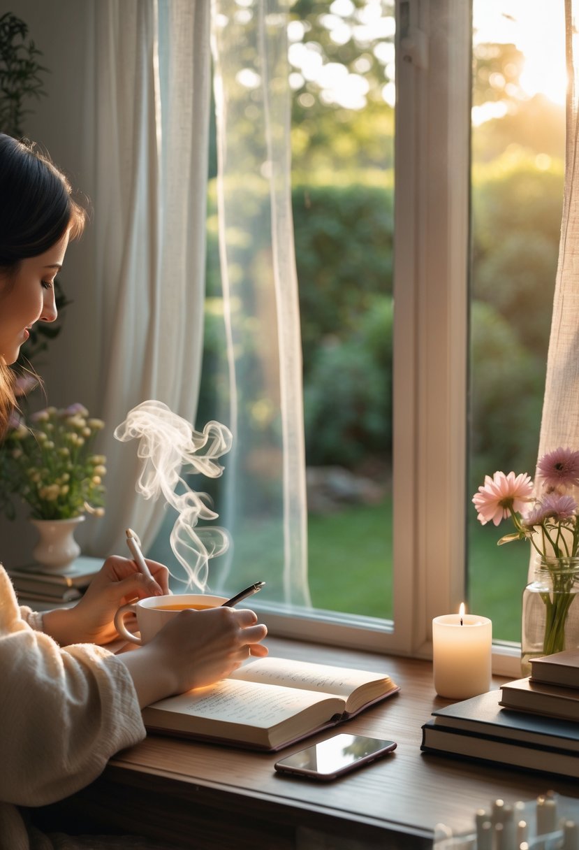 A person writing in a gratitude journal at a wooden desk near a window with natural light, surrounded by tea, flowers, and a candle, with a garden visible outside.