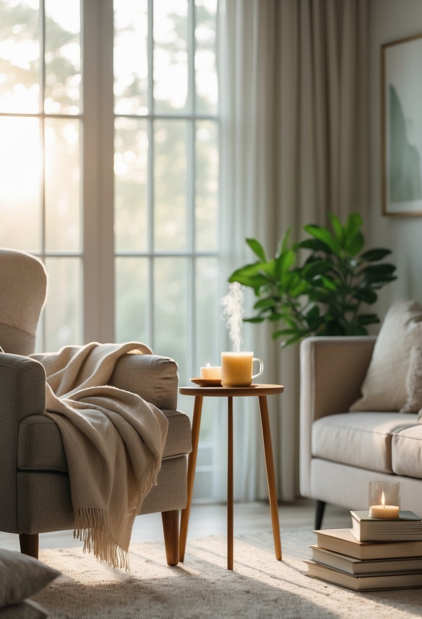 A cozy living room with a comfortable armchair, a side table holding a cup of tea and a candle, green plants, and soft natural light creating a peaceful atmosphere.