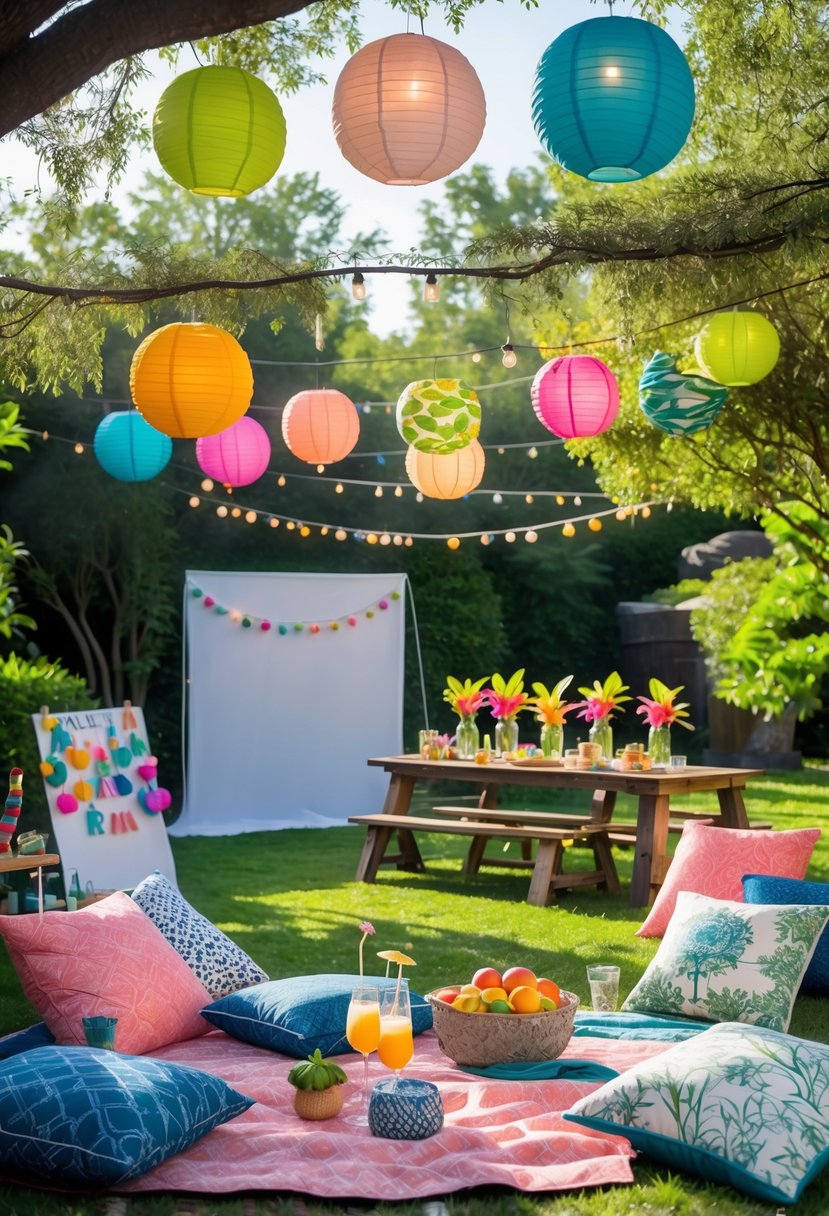 Outdoor summer party setup with colorful lanterns, floral centerpieces, string lights, a photo booth area, and picnic blankets with cushions.