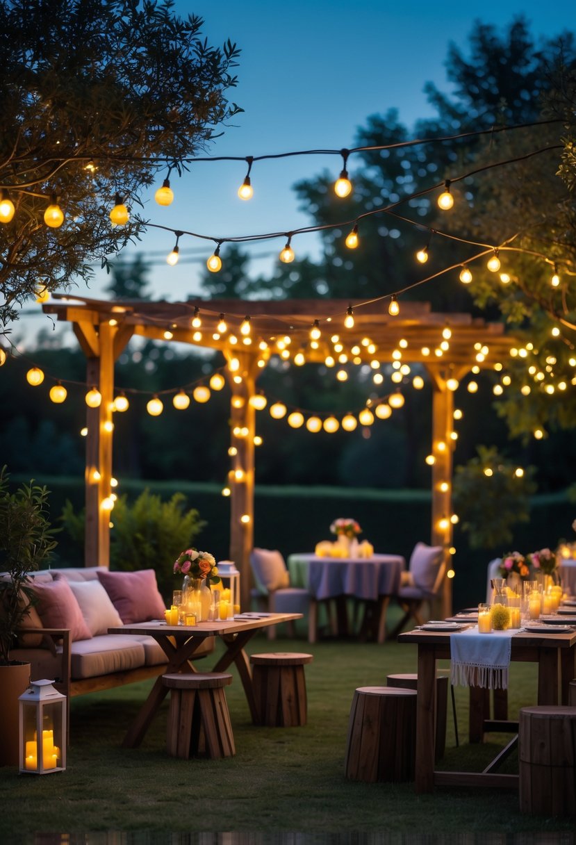 Outdoor evening scene with string lights draped around trees and pergolas, decorated with candles, flowers, lanterns, and plants for a summer party.
