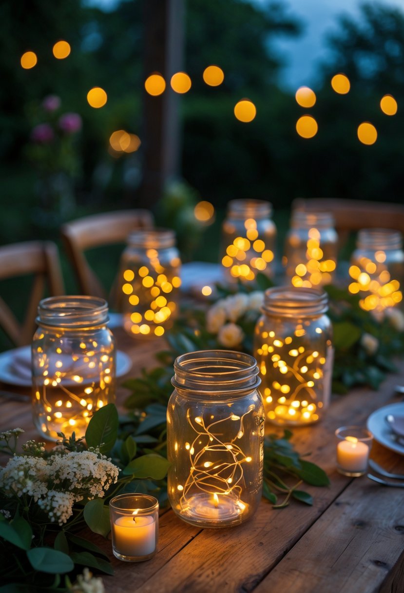 Mason jar lanterns filled with glowing fairy lights arranged on a wooden table with summer decorations outdoors.