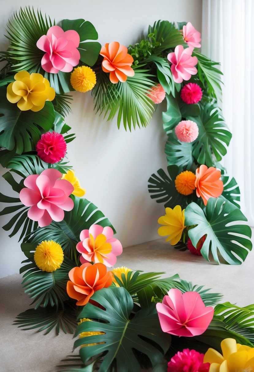 Tropical leaf garlands decorated with bright paper flowers arranged for summer party decorations.