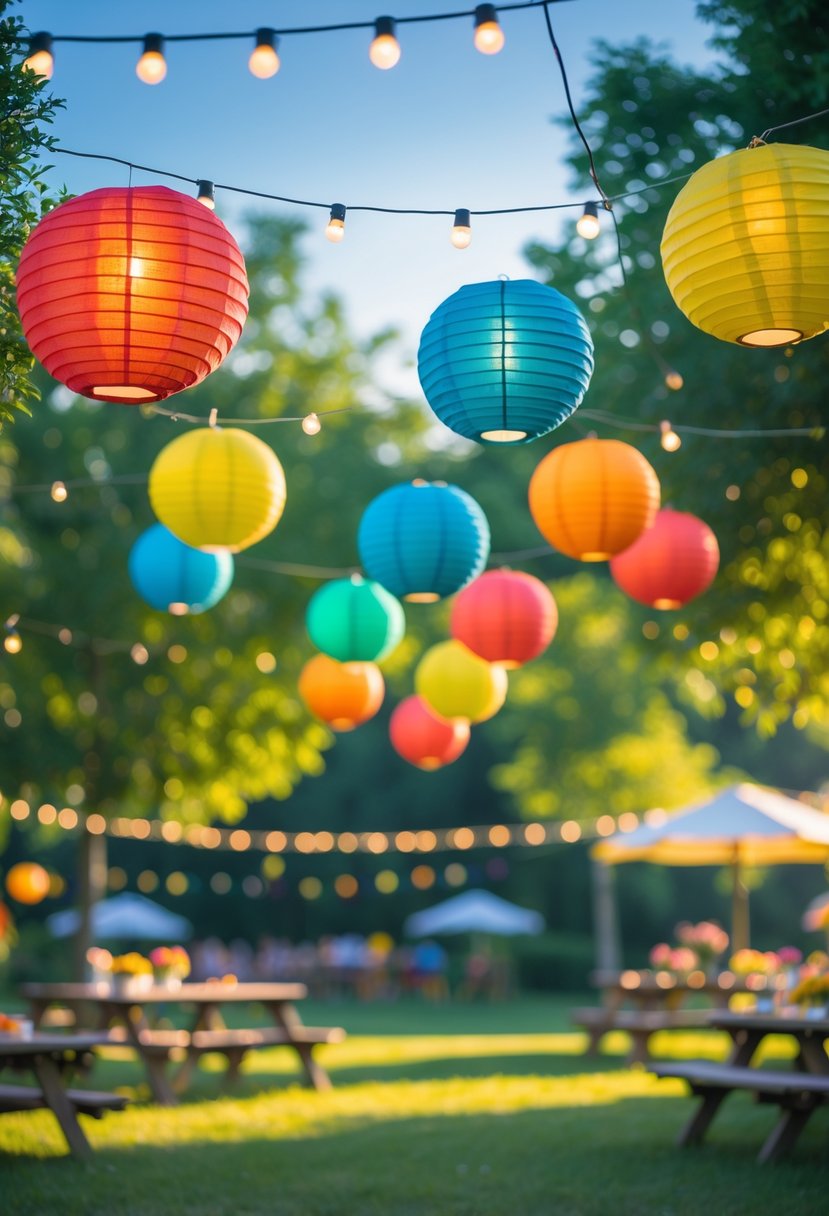 Colorful paper lanterns hanging at different heights outdoors among trees and a clear sky during a summer party.