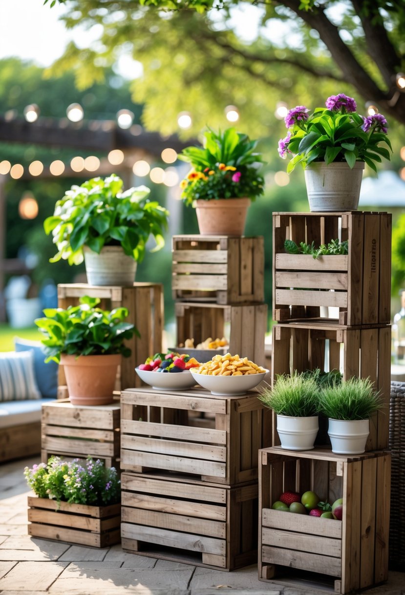 Rustic wooden crates used as plant stands and snack stations outdoors with potted plants and bowls of summer snacks on a sunny patio.