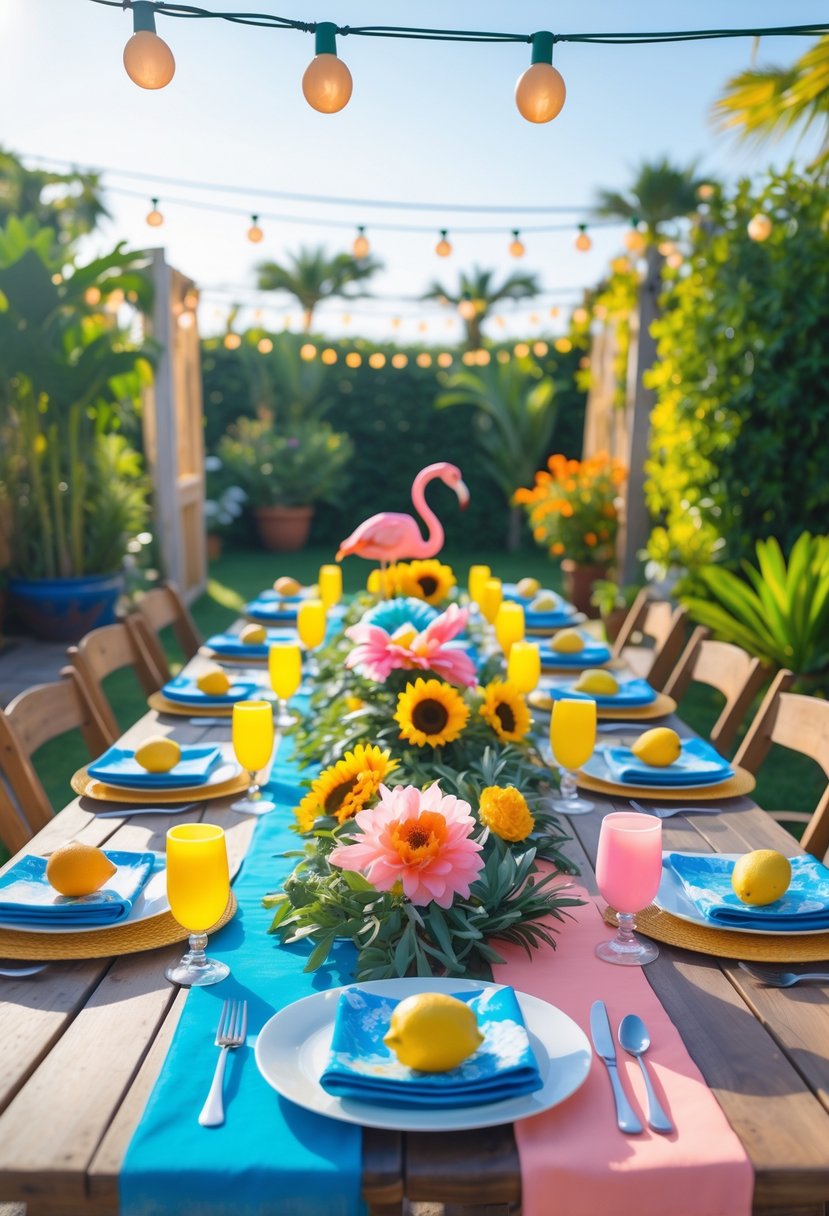 An outdoor garden table decorated with five different summer party color themes including yellow, blue, pink, green, and orange, each with matching flowers, plates, and decorations under string lights.