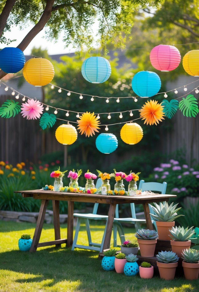 Outdoor backyard with colorful summer party decorations including paper lanterns, floral centerpieces, fairy lights, tropical garland, and painted pots with succulents.